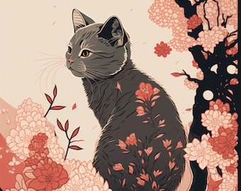Cute Cat Wall Art, Ukiyo-e Style Art, Japanese Vintage Wall Decor, Printable Art for Living Room, Digital Cat Art Wall Decor