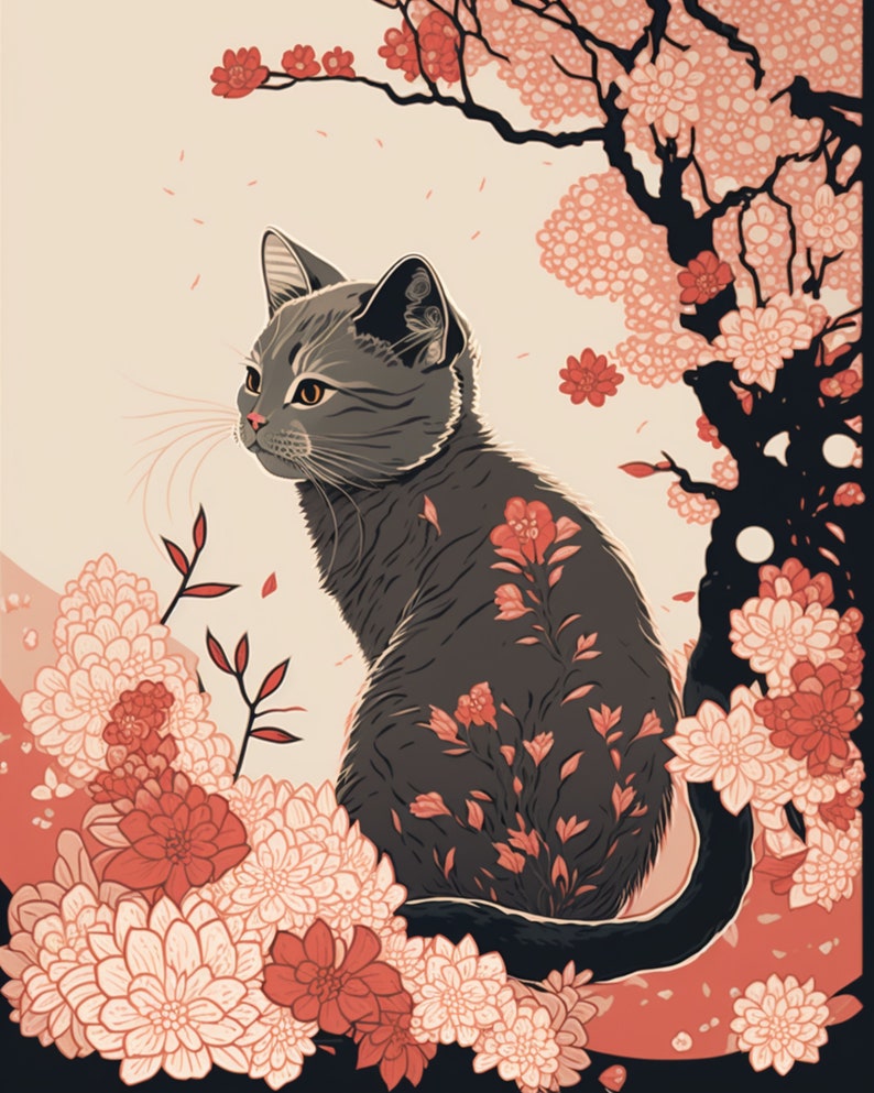 May include: A gray cat sits in a field of pink and red flowers. The cat is surrounded by flowers and the background is a light peach color.