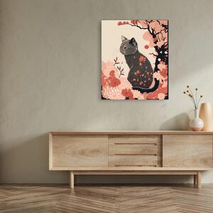 May include: A gray cat sits in a field of pink flowers. The cat's fur is patterned with the same flowers. The background is a light beige.
