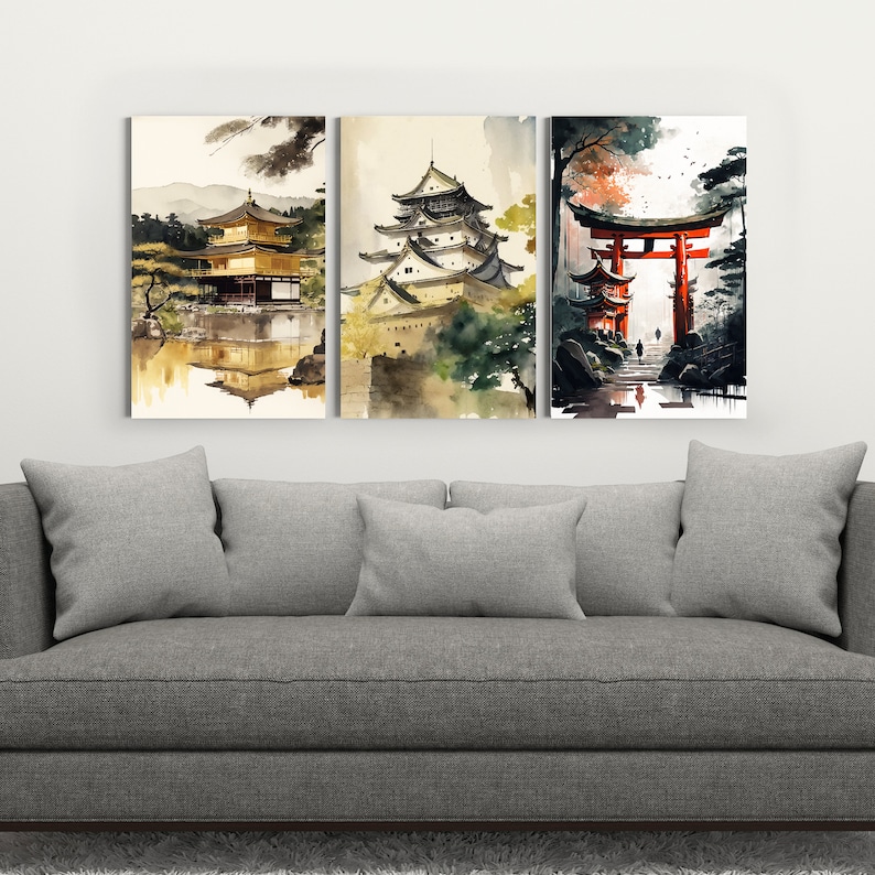 May include: A set of three watercolor paintings depicting traditional Japanese architecture. The first painting shows a golden temple reflected in a still pond. The second painting shows a multi-tiered pagoda with lush greenery. The third painting shows a red torii gate with two figures walking towards it.