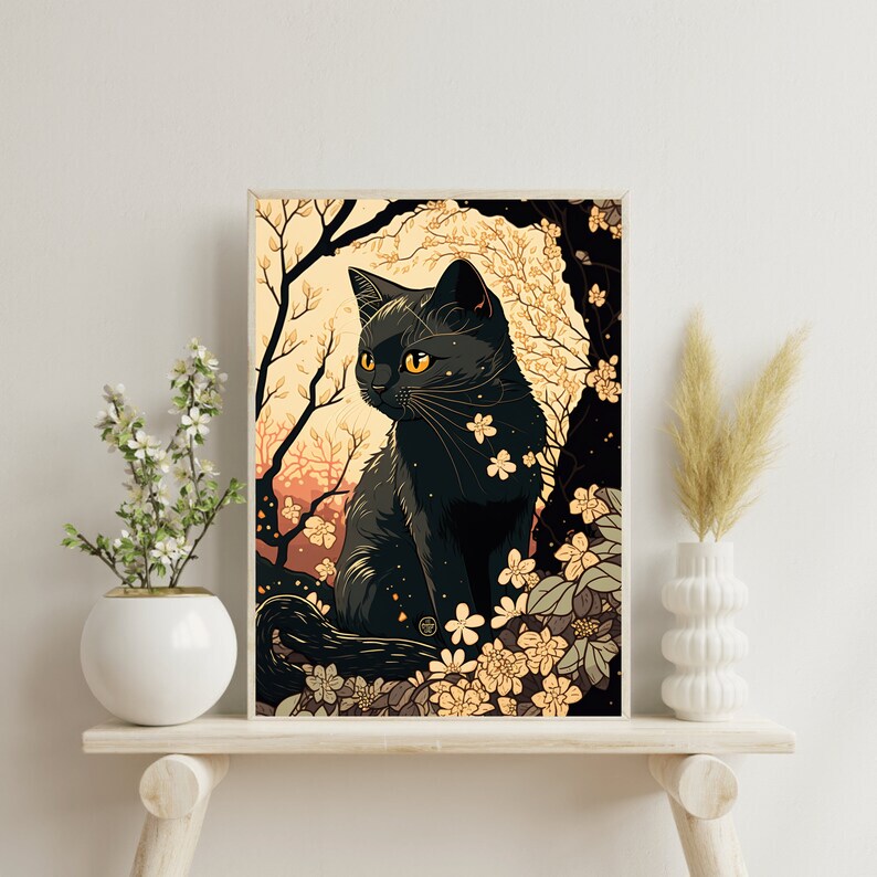 May include: A black cat with yellow eyes sits in a blooming cherry blossom tree. The cat is surrounded by pink and white flowers. The background is a dark green and brown.