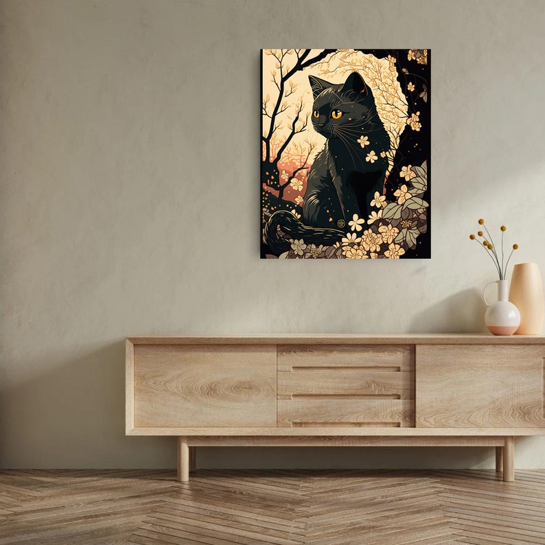 May include: A black cat with yellow eyes sits in a field of white flowers. The cat is surrounded by trees and the background is a sunset.