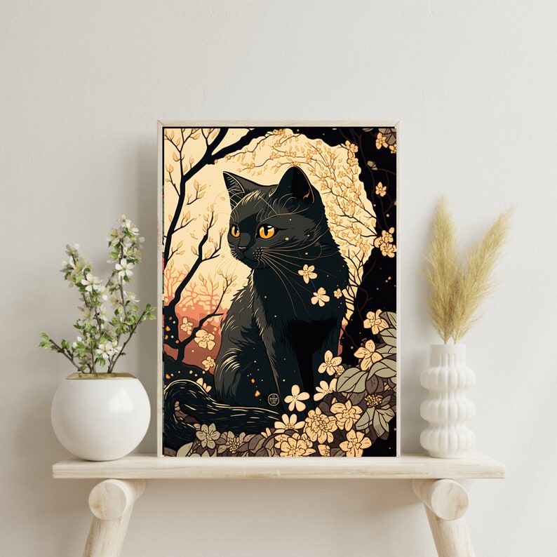 May include: A black cat with yellow eyes sits in a tree with white and yellow flowers. The cat is looking to the left of the image. The background is a light brown color.