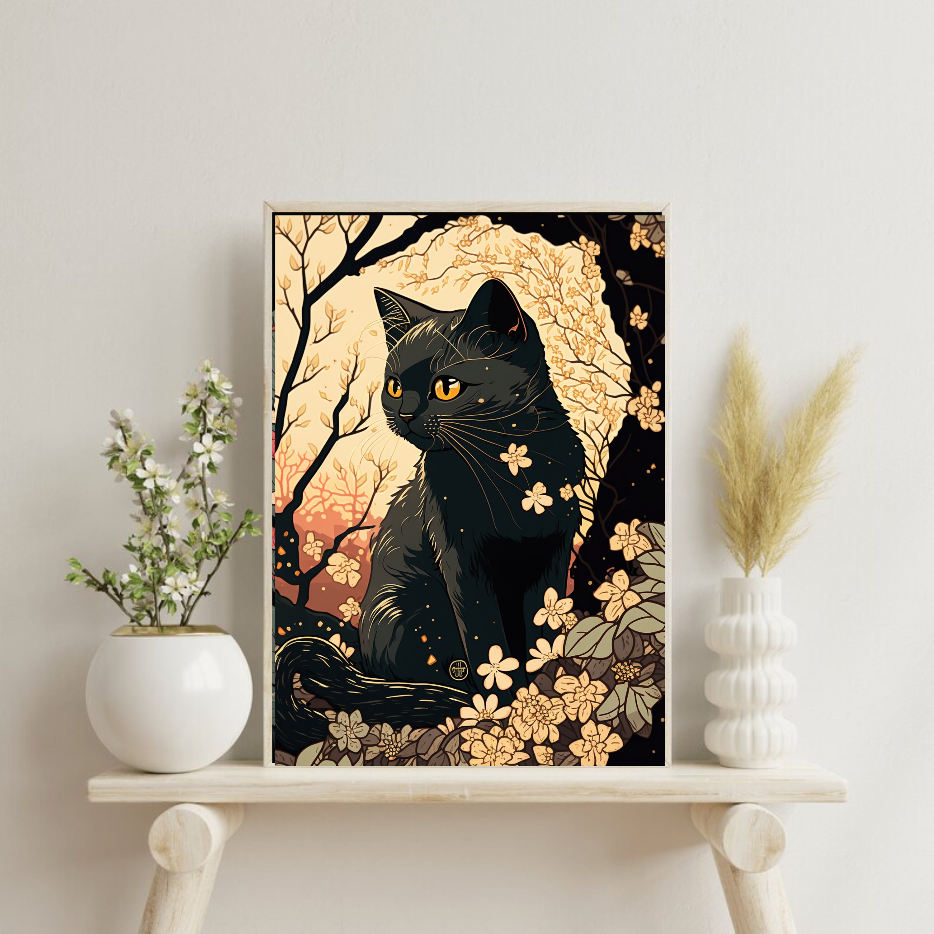Cute Black Cat Wall Art, Ukiyo-e Style Art, Japanese Vintage Wall Decor ...