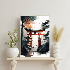 May include: A watercolor painting of a red Japanese torii gate in a forest setting. The gate is surrounded by trees and rocks, and there are two figures walking towards it. The painting has a soft, dreamy feel.