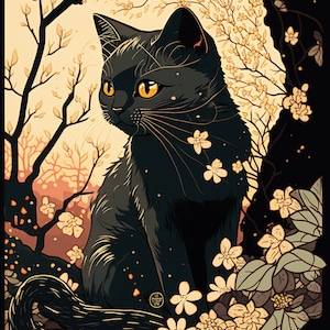 May include: A black cat with yellow eyes sits in a field of white flowers. The cat is surrounded by a dark background with a few branches of a tree in the background.