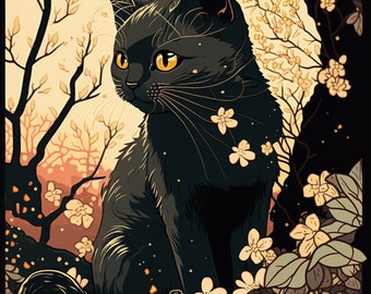 Cute Black Cat Wall Art, Ukiyo-e Style Art, Japanese Vintage Wall Decor, Printable Art for Living Room, Digital Cat Art Wall Decor