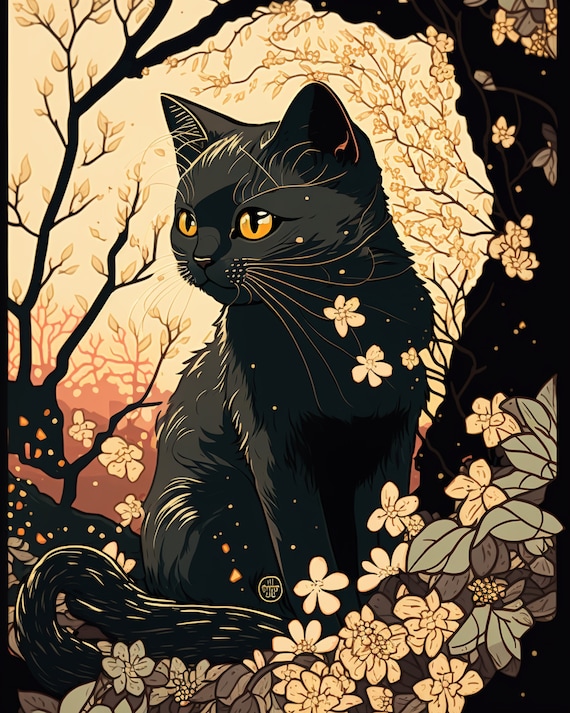Cute Black Cat Wall Art, Ukiyo-e Style Art, Japanese Vintage Wall Decor, Printable Art for Living Room, Digital Cat Art Wall Decor