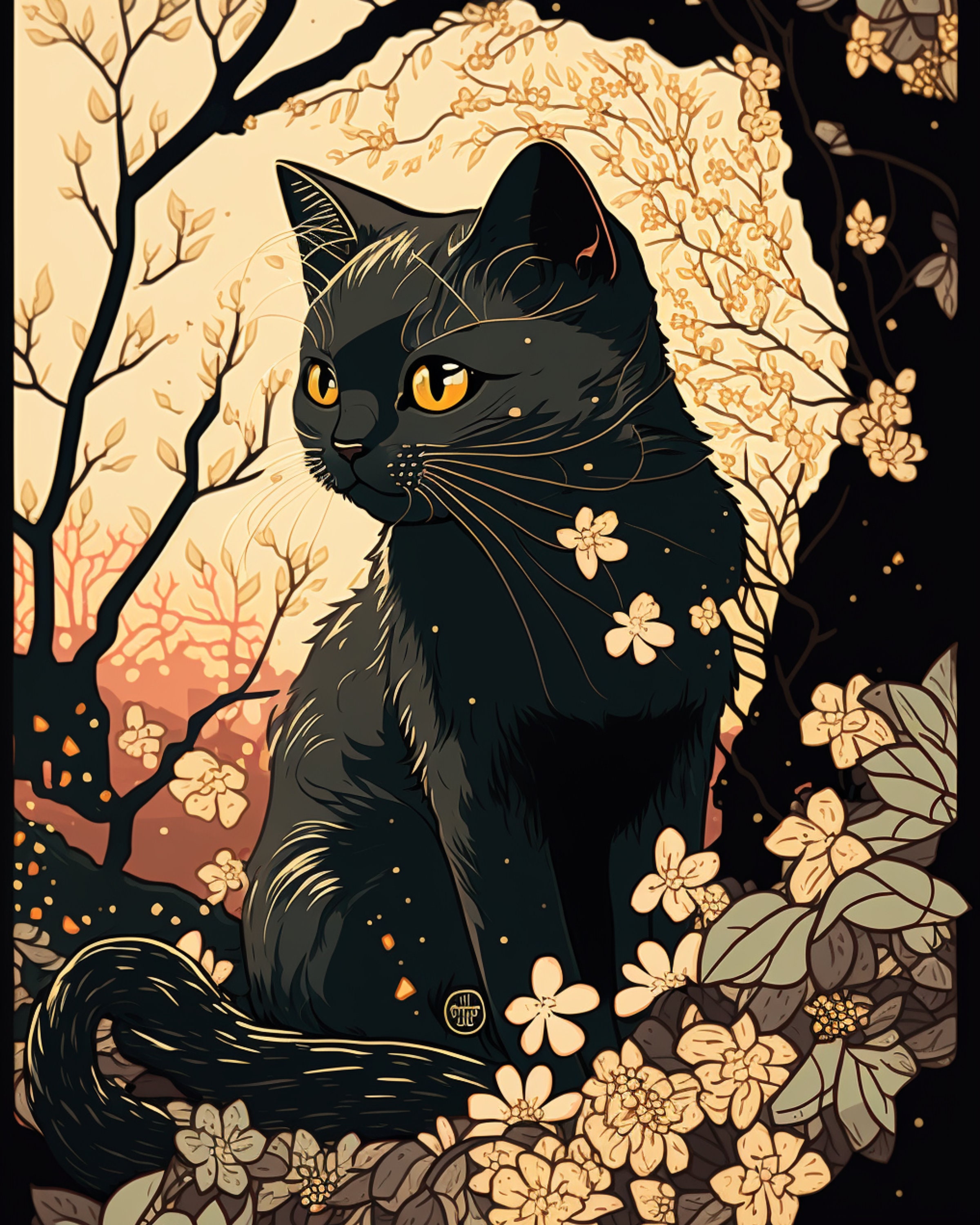 Cute Black Cat Wall Art, Ukiyo-e Style Art, Japanese Vintage Wall Decor ...