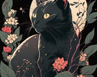 Cute Black Cat Wall Art, Ukiyo-e Style Art, Japanese Vintage Wall Decor, Printable Art for Living Room, Digital Cat Art Wall Decor