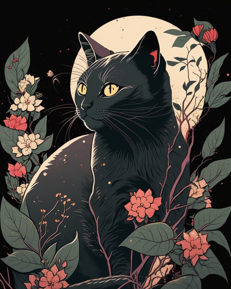 Cute Black Cat Wall Art, Ukiyo-e Style Art, Japanese Vintage Wall Decor ...