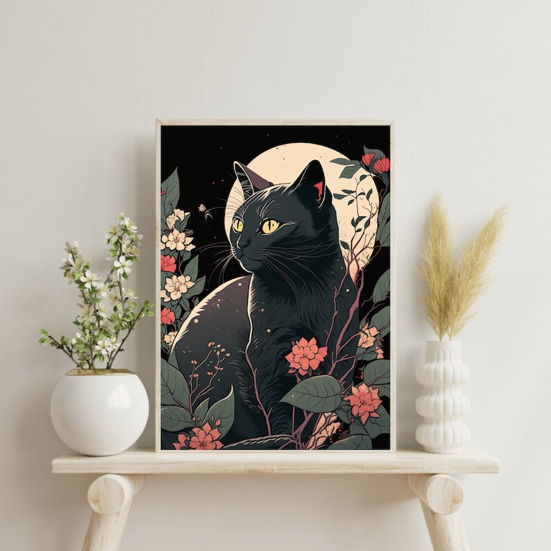 Cute Black Cat Wall Art, Ukiyo-e Style Art, Japanese Vintage Wall Decor ...