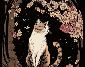 Art mural chat mignon, cadeau de la fête des mères, art de style Ukiyo-e, décoration murale vintage japonaise, art imprimable pour le salon, décor d'art de chat numérique