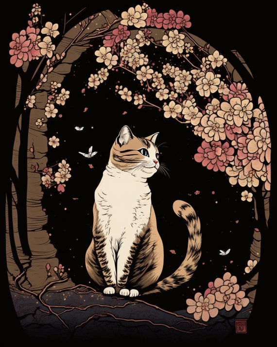 Cute Cat Wall Art, Mother's Day Gift, Ukiyo-e Style Art, Japanese Vintage Wall Decor, Printable Art for Living Room, Digital Cat Art Decor