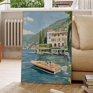 May include: A painting of a yellow and black speedboat with three people on board, traveling on a lake in front of a large building with a green hillside in the background.