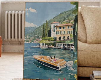 Peut inclure: Une peinture d'un bateau à moteur jaune et noir avec trois personnes à bord, naviguant sur un lac devant un grand bâtiment avec une colline verdoyante en arrière-plan.