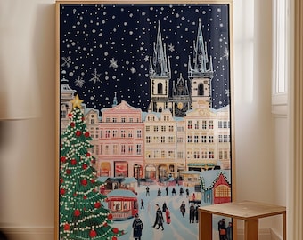 Praga en Navidad, póster navideño de Praga, impresión navideña de Praga, arte mural navideño, arte mural de Praga, Praga retro, regalo de Navidad