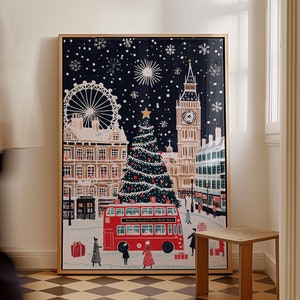 Londen met Kerstmis, kerstposter Londen, kerstposter Londen, kerstmuurkunst, Londense muurkunst, Londen retro, kerstcadeau