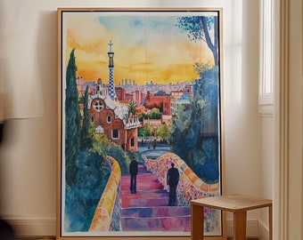 Barcelona Park Güell print, Spanje muurkunst, Barcelona print, Park Güell, aquarel schilderij, afdrukbare kunst, Europa print, Spanje reiscadeau