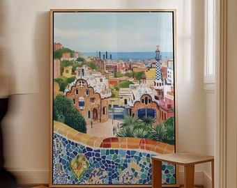 Barcelona Park Güell print, Spanje muurkunst, Barcelona print, Park Güell, aquarel schilderij, afdrukbare kunst, Europa print, Spanje reiscadeau