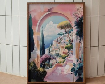 May include: A framed watercolor print depicting a coastal Italian village scene. The artwork features a pink archway framing a view of white buildings, lush greenery, and the sea. The color palette includes soft pinks, blues, and greens.