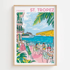 Arte mural de Saint Tropez, impresión de paisaje marino de Saint Tropez, ilustración de ciudad costera de estilo vintage, arte mural de playa mediterránea, decoración de la Riviera Francesa