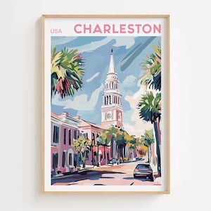 Charleston South Carolina Print Pastel Pink Watercolor Print Rainbow Row Printable Wall Art Church Street Print Instant Download