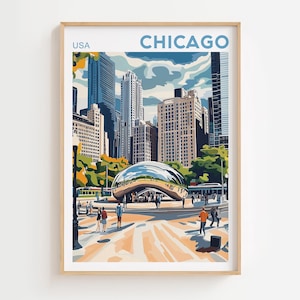 Puede incluir: Una ilustración colorida del horizonte de Chicago con la escultura Cloud Gate en primer plano. El texto "CHICAGO" está en letras azules en la parte superior de la imagen, y "USA" está en letras más pequeñas debajo.
