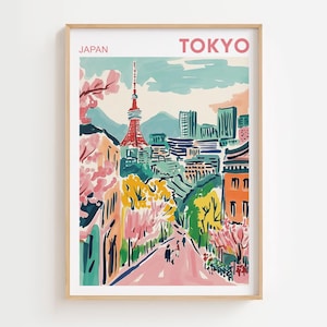 Pintura de acuarela de Tokio, arte mural de Tokio, póster de viaje tradicional con estampado de sakura, arte mural japonés, impresión de Tokio, regalo de boda, regalo de cumpleaños