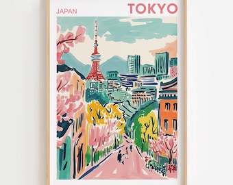 Pintura de acuarela de Tokio, arte mural de Tokio, póster de viaje tradicional con estampado de sakura, arte mural japonés, impresión de Tokio, regalo de boda, regalo de cumpleaños