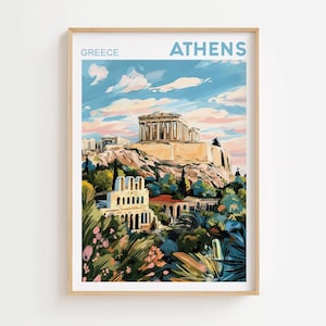 May include: A framed art print featuring a colorful illustration of Athens, Greece. The artwork depicts the Parthenon atop a hill, with text that reads "Greece" and "Athens". The image has a light blue sky with clouds and lush greenery in the foreground.