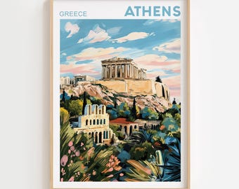 Puede incluir: Una impresión artística enmarcada con una colorida ilustración de Atenas, Grecia. La obra de arte representa el Partenón en la cima de una colina, con el texto "Grecia" y "Atenas". La imagen tiene un cielo azul claro con nubes y exuberante vegetación en primer plano.