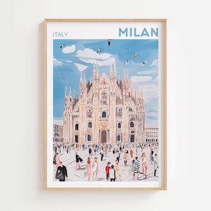 Impresión del Duomo de Milán, Italia, póster de Milán, decoración de dormitorio en tonos pastel, impresión de arte retro, ilustración de arte mural de Milán, póster de diseño minimalista vintage de Milán