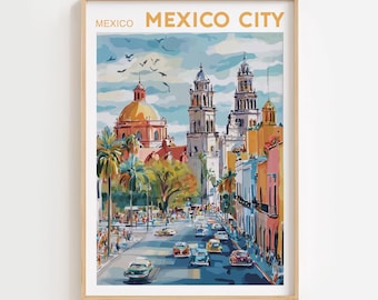 Op de afbeelding: Een ingelijste kunstdruk van Mexico-Stad. De aquarel toont een straatbeeld met kleurrijke gebouwen, een koepel en klassieke auto's. De tekst "MEXICO CITY" staat bovenaan de print.