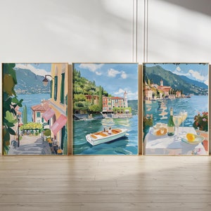 Comer See Wand Kunst 3er Set Aquarell Drucke, Italienische Kunst, Bellagio Druck, Varenna Kunst, Italien Landschaft, Europa Kunst, Reisegeschenk, Digital