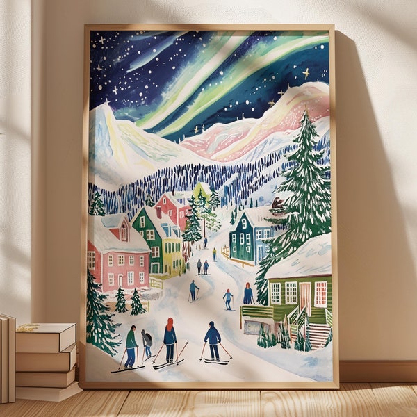 Impresión de pared de la aurora boreal, ilustración del Polo Norte, arte mural de la aurora boreal, arte mural para sala de estar, luces danzantes, luces de aurora de colores