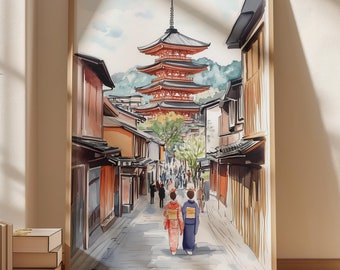 Impresión de Kioto, Arte mural japonés, Impresión artística japonesa, Paisaje urbano de Kioto, Impresión de acuarela, Pintura japonesa, Arte mural de primavera, Arte japonés, Regalo de viaje
