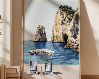 Capri Print, Italien Wandkunst, Stranddruck, Capri Landschaft, Aquarell Druck, Italien Dekor, Italienische Kunst, Capri Insel, Reisegeschenk, Europa Print