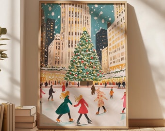 May include: A colorful illustration of a snowy city scene with a large Christmas tree in the center. People are ice skating on a frozen pond in front of the tree. Buildings in the background are decorated with lights. 
