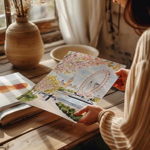 May include: A watercolor painting of the London Eye Ferris wheel with pink cherry blossoms in the background. The painting is on a white background and is being held by a person's hand.