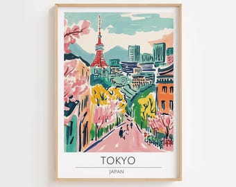 Pintura de acuarela de Tokio, póster de viaje tradicional, arte mural japonés, impresión de Tokio, regalo de boda, regalo de cumpleaños,
