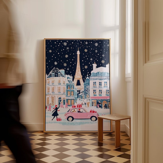 Paris Christmas Ornament, Paris Christmas Decor, Paris Snowing Print, Paris Wall Art, Travel Gift, Paris Wall Decor, Paris Watercolor Art