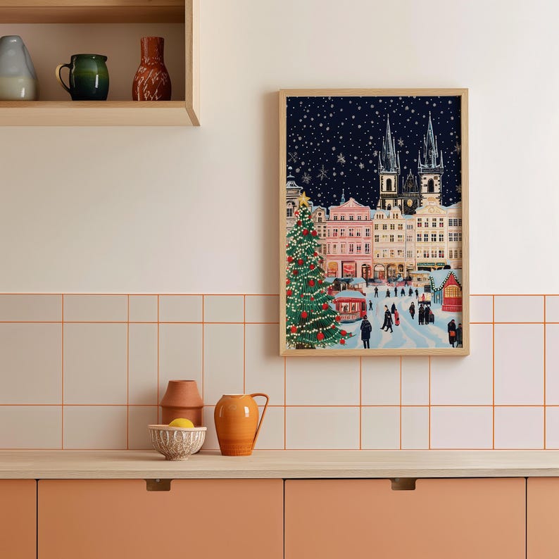 Praga en Navidad, póster navideño de Praga, impresión navideña de Praga, arte mural navideño, arte mural de Praga, Praga retro, regalo de Navidad imagen 8