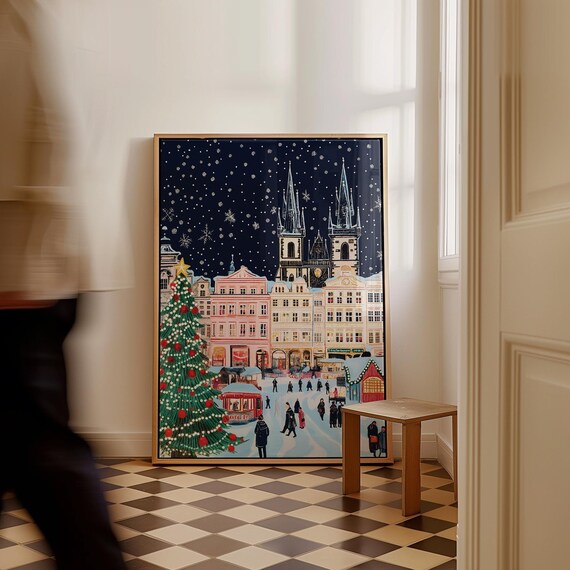 Prague at Christmas, Christmas Prague poster, Prague Christmas print, Christmas Wall Art, Prague Wall Art, Prague Retro, Christmas gift