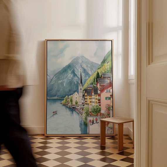 Hallstatt Poster, Hallstatt Watercolor Print, Austria Wall Art,Travel Print,Scenery Art, Landscape Decor, New Home Gift, Travel Souvenir