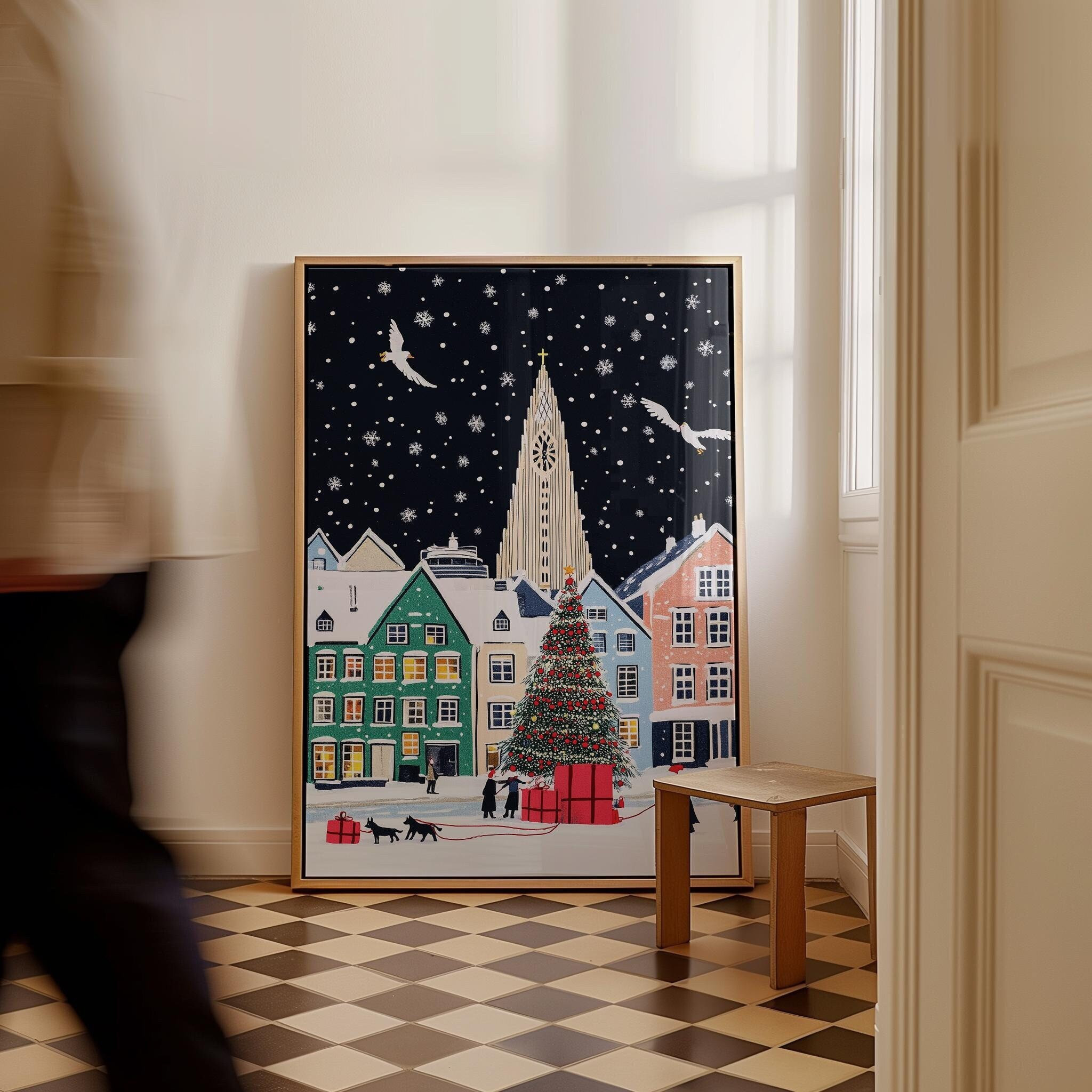 Reykjavik Christmas Print, Iceland Wall Art, Watercolor Painting