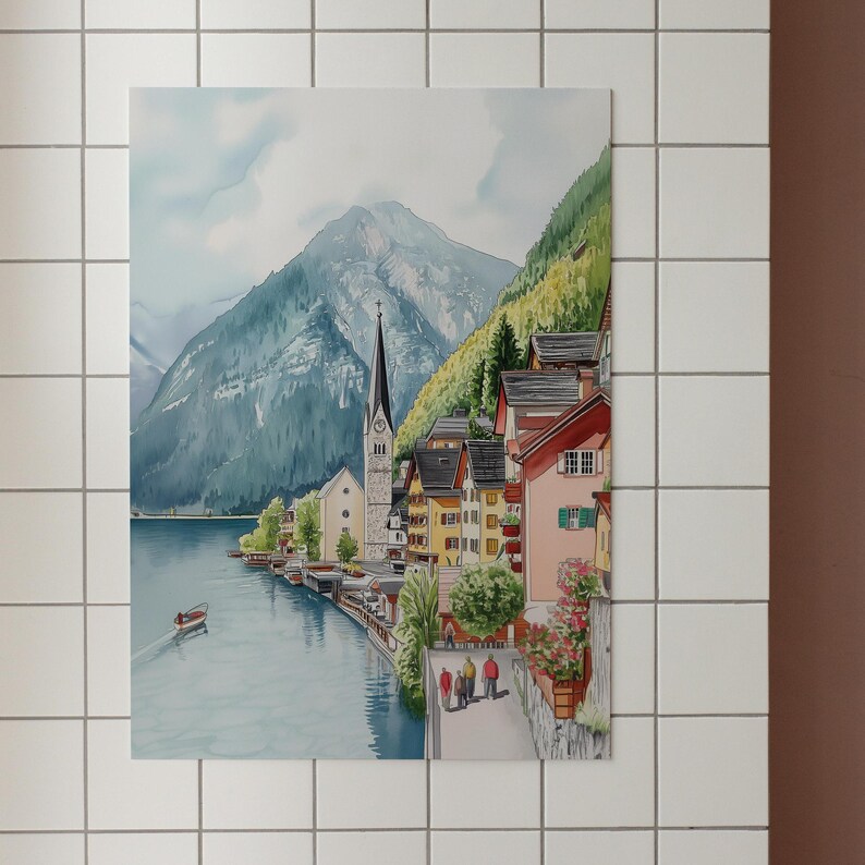 Hallstatt-affisch, akvarelltryck av Hallstatt, väggkonst i Österrike, resetryck, landskapskonst, landskapsdekor, present till nytt hem, resesouvenir bild 7