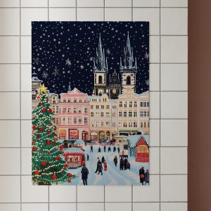 Praga en Navidad, póster navideño de Praga, impresión navideña de Praga, arte mural navideño, arte mural de Praga, Praga retro, regalo de Navidad imagen 5