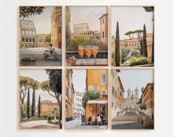 May include: Set of six watercolor paintings depicting scenes from Rome, Italy. The paintings feature iconic landmarks like the Colosseum, the Roman Forum, and the Trevi Fountain. The paintings are framed in a light wood frame and are perfect for adding a touch of Italian charm to any home.