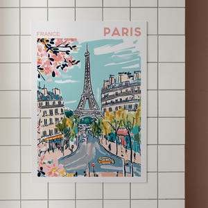 May include: A colorful illustration of the Eiffel Tower in Paris, France. The illustration features a blue sky, pink cherry blossoms, and a street scene with buildings and people.